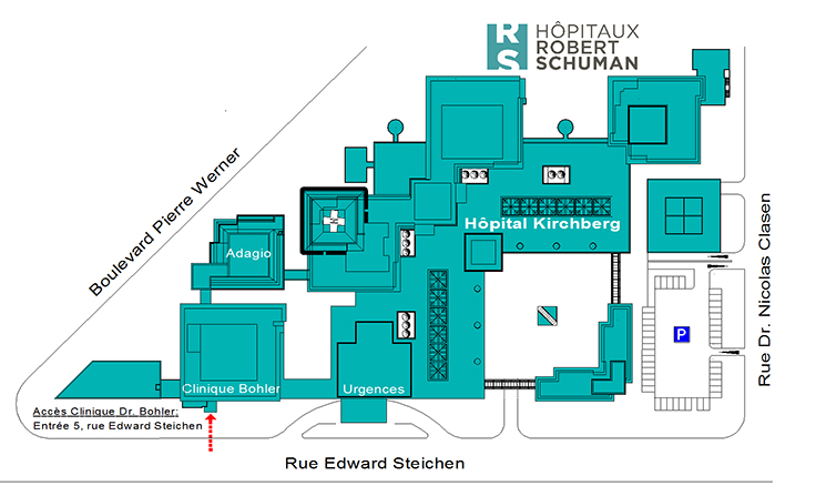 Die Clinique Bohler befindet sich links neben dem Hôpital Kirchberg, an der Ecke des Boulevard Pierre Werner und der Rue Edward Steichen. Der Zugang zur Clinique Bohler erfolgt über die Rue Edward steichen mit der Nummer 5.