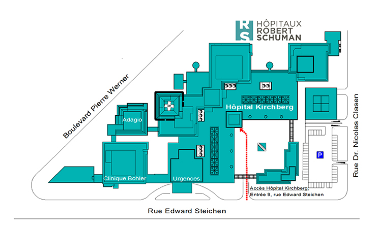 Das Kirchberg-Krankenhaus befindet sich an der Ecke des Boulevard Pierre Werner, der Rue Edward Steichen und der Rue Dr. Nicolas Classen. Der Zugang zum Kirchberg-Krankenhaus erfolgt über die Rue Edward Steichen mit der Hausnummer 9. Sie müssen den Weg rechts von der Notaufnahme nehmen und den Hauptvorplatz betreten.