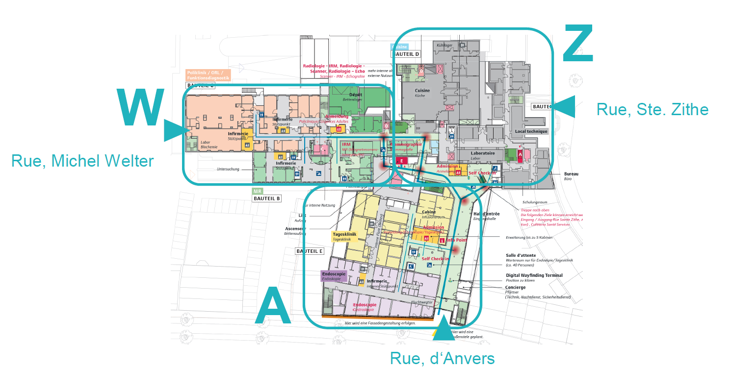 Die ZithaKlinik besteht aus mehreren Gebäuden: Gebäude W in der Rue Michel Welter, Gebäude A in der Rue Sainte Zithe (ehemaliger Haupteingang der Klinik) und Gebäude A, das sich in der Rue d'Anvers befindet, wo sich heute der Haupteingang mit der Nummer 20-30 befindet.