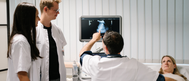 Foto einer Schulung eines Arztes mit Ärzten auf dem Weg zur Facharztausbildung und einer Patientin bei einer Ultraschalluntersuchung der Nieren